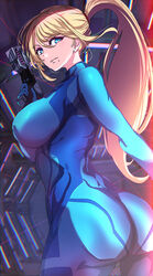  alternate_breast_size ass blonde_hair blue_bodysuit blue_eyes bodysuit breasts chromatic_aberration closed_mouth commentary covered_navel cowboy_shot female from_behind gun hand_up handgun high_ponytail highres holding holding_gun holding_weapon huge_breasts impossible_bodysuit impossible_clothes indoors long_hair looking_at_viewer looking_back metroid mole mole_under_mouth outstretched_arm paralyzer samus_aran serious skin_tight solo twisted_torso very_long_hair weapon yamabuki_ryuu zero_suit 