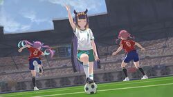  3girls alternate_costume ball black_hair blunt_bangs check_commentary closed_eyes closed_mouth commentary commentary_request gradient_hair highres hololive hololive_english houshou_marine inazuma_eleven_(series) index_finger_raised jersey laing long_hair minato_aqua multicolored_hair multiple_girls ninomae_ina&#039;nis orange_hair parody pointing pointing_up purple_hair short_sleeves shorts sidelocks smile soccer soccer_ball soccer_field soccer_uniform sportswear stadium tentacle_hair very_long_hair virtual_youtuber 