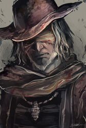  1boy bad_id bad_pixiv_id bandages bloodborne covered_eyes father_gascoigne grey_background grey_hair hat highres jewelry male_focus necklace photoshop_(medium) scarf scowl teeth yumae 