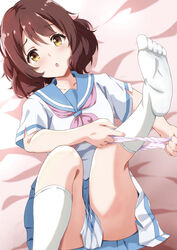  brown_eyes brown_hair curly_hair female hibike!_euphonium kitauji_high_school_uniform looking_at_viewer open_mouth oumae_kumiko panties panty_pull pleated_skirt school_uniform serafuku shirt short_hair skirt socks solo triangle_(zztg3775) underwear white_socks 