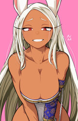  :d absurdres animal_ears arm_belt artist_name bare_shoulders boku_no_hero_academia breasts carrot chains chest_belt cleavage collarbone dark-skinned_female dark_skin female highleg highleg_leotard highres large_breasts leotard long_eyelashes long_hair looking_at_viewer mirko parted_bangs pink_background poolpool print_sleeves rabbit_ears rabbit_girl raised_eyebrows red_eyes single_sleeve smile solo strapless strapless_leotard teeth toned white_hair white_leotard wide_hips 