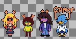  annoyed anthro antlers asepriterico avian avian_feet beak berdly bird blank_expression blonde_hair bluebird bottomwear brown_hair buckteeth checkered checkered_background clothing coat cross-popping_vein crossed_arms deer deltarune doe_with_antlers dragon english_text eyebrows eyewear feather_hands feathers female footwear freckles frown glasses group hair hooves horn human humiliation humor jacket kris_(deltarune) lab_coat long_hair looking_aside male mammal mean mythological_creature mythological_scalie mythology new_world_deer noelle_holiday oscine passerine pattern_background pattern_clothing pattern_shirt pattern_topwear prank purple_body raised_eyebrow red_nose reindeer scalie shadowed_eyes shirt shoes short_hair simple_background skirt smile speciesism striped_clothing striped_shirt striped_topwear stripes susie_(deltarune) sweater t-shirt teeth text thrush_(bird) topwear torn_clothing undertale_(series) yellow_eyes 