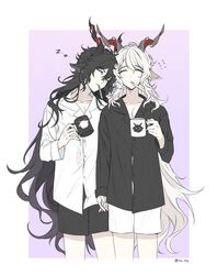  2boys animal_ears arknights black_hair black_shirt black_shorts border closed_eyes couple cowboy_shot cropped_legs cup ebenholz_(arknights) goat_boy goat_ears goat_horns head_tilt highres holding holding_cup holding_hands horns kreide_(arknights) long_hair male_focus matching_outfits mug multiple_boys pajamas purple_background reverse_palettes rio_(rio773) shirt shorts sidelocks simple_background sleepy toothbrush toothbrush_in_mouth twitter_username very_long_hair white_hair white_shirt white_shorts yaoi zzz 