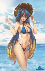  alternate_hair_color bangle bikini blonde_hair blue_bikini blue_eyes blue_hair blue_nails bracelet breasts cal_(pmgdd) cleavage commentary_request criss-cross_halter day earrings female food hair_ribbon halterneck hat highres jewelry large_breasts league_of_legends long_hair multicolored_hair navel ocean open_mouth outdoors photoshop_(medium) popsicle revision ribbon solo sona_(league_of_legends) sun_hat swimsuit toned twintails two-tone_hair very_long_hair wading watermark web_address wet 