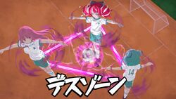  3girls alternate_costume ball closed_eyes commentary flying highres hololive hololive_english hololive_indonesia inazuma_eleven_(series) jersey kureiji_ollie laing magic mori_calliope multiple_girls outstretched_arms parody patchwork_skin pink_hair short_sleeves shorts soccer soccer_ball soccer_field soccer_uniform sportswear t-pose uruha_rushia virtual_youtuber zombie 