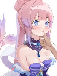  amco bare_shoulders blue_eyes blunt_bangs blush bow-shaped_hair breasts cleavage detached_collar eyelashes female frills genshin_impact hand_on_another&#039;s_chin imminent_kiss long_hair looking_to_the_side medium_breasts multicolored_hair off_shoulder open_mouth pink_hair ponytail purple_hair sangonomiya_kokomi simple_background solo two-tone_hair upper_body vision_(genshin_impact) water_drop white_background wide-eyed 