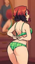  1boy ass bare_shoulders black_hair blurry blurry_background bra breasts commentary cowboy_shot dimples_of_venus english_commentary female from_behind green_bra green_eyes green_panties highres indoors large_breasts looking_at_viewer looking_back monorus multicolored_hair original panties plaid plaid_bra plaid_panties red_hair reflection remi_(monorus) short_hair shoulder_blades solo_focus two-tone_hair underwear underwear_only walk-in 