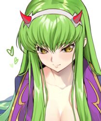  breasts c.c. cleavage code_geass collarbone cosplay creayus darling_in_the_franxx fake_horns female green_hair grey_background heart horned_headwear horns long_hair looking_at_viewer open_clothes simple_background smile solo yellow_eyes zero_two_(darling_in_the_franxx) zero_two_(darling_in_the_franxx)_(cosplay) 