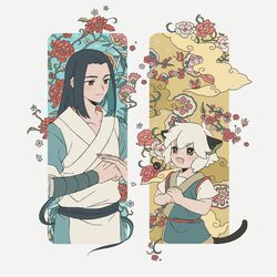  2boys animal_ears bad_id bad_twitter_id black_eyes black_hair blush cat_boy cat_ears cat_tail cloud flower heixiu long_hair luo_xiaohei luo_xiaohei_(human) luo_xiaohei_zhanji multiple_boys open_mouth pink_flower short_hair short_sleeves sidelocks sirakaro smile tail upper_body very_long_hair white_flower white_hair wuxian_(the_legend_of_luoxiaohei) 