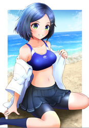  beach bike_shorts black_hair black_skirt blue_sky blue_socks blue_sports_bra breasts cloud day dress_shirt female hair_ornament hairclip highres horizon kantai_collection kirin_tarou kneehighs kuroshio_(kancolle) medium_breasts navel ocean open_clothes open_shirt outdoors parted_lips pleated_skirt shirt short_hair shorts shorts_under_skirt skirt sky socks solo sports_bra underwear 