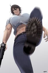  abs ahoge belt black_belt black_footwear black_hair blurry blurry_foreground boots breasts chequita denim female from_below green_eyes gun hair_between_eyes handgun highres holding holding_gun holding_weapon imminent_kick imminent_stomping jeans jewelry jormungand_(manga) large_breasts looking_at_viewer midriff muscular muscular_female navel necklace pants shirt short_hair signature smile solo standing standing_on_one_leg sunsirou weapon white_background white_shirt 