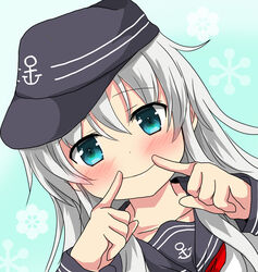  anchor_symbol black_hat black_sailor_collar blue_eyes blush closed_mouth collarbone commentary_request female fingersmile flat_cap grey_hair hair_between_eyes hat hibiki_(kancolle) highres kantai_collection long_hair long_sleeves looking_at_viewer oshiruko_(uminekotei) photoshop_(medium) sailor_collar school_uniform serafuku shirt smile solo upper_body white_shirt 