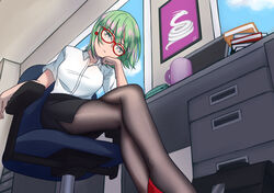  alternate_costume breasts commentary crossed_legs earrings english_commentary female glasses green_eyes green_hair hand_on_own_cheek hand_on_own_face highres jewelry light_green_hair meuniel miniskirt nyoomdoesstuff pantyhose phonon_(under_night_in-birth) shirt short_hair skirt solo teacher under_night_in-birth 