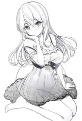  :o barefoot blush breasts cleavage commentary_request covered_navel dress female greyscale hair_between_eyes hand_up head_tilt large_breasts long_hair looking_at_viewer monochrome nose_blush original parted_lips ririko_(zhuoyandesailaer) saegusa_futaba see-through simple_background sitting sleeveless sleeveless_dress solo strap_slip transparent wariza white_background 