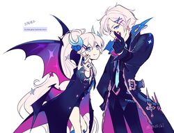  1boy abysser_(elsword) bad_id bad_twitter_id blue_eyes blue_horns ciel_(elsword) collared_shirt commentary_request demon_wings earrings elsword female gloves hair_ornament hairclip horns jacket jewelry knife korean_commentary korean_text long_hair luciela_r._sourcream mellchi necktie pointy_ears ponytail ring shirt sidelocks smile symbol-shaped_pupils timoria_(elsword) translation_request twitter_username white_background white_hair wings 