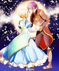  1boy boots closed_eyes commentary_request couple dancing dress earrings estellise_sidos_heurassein female gloves holding_hands jewelry knee_boots long_hair official_alternate_costume pink_hair ponytail purple_hair smile straight tales_of_(series) tales_of_vesperia xxxceller yuri_lowell yuri_lowell_(true_knight) 