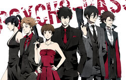  2girls 4boys ascot bad_id bad_pixiv_id bare_shoulders black_dress black_hair black_neckwear bob_cut brown_eyes brown_hair cigar dominator_(gun) dress everyone finger_on_trigger formal ginoza_nobuchika glasses grey_ascot grey_necktie gun hair_ornament hairclip hand_in_pocket hand_on_own_hip hands_in_pockets jewelry kagari_shuusei kougami_shin&#039;ya kunizuka_yayoi long_hair masaoka_tomomi multiple_boys multiple_girls necklace necktie ponytail psycho-pass red_dress red_necktie rontaso short_hair suit tsunemori_akane weapon 