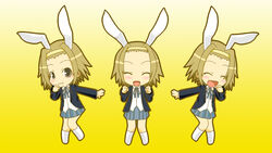  :3 animal_ears brown_hair chibi commentary_request crt_(tarucchi) female hairband hand_on_own_cheek hand_on_own_face k-on! maru-toku_series multiple_persona no_nose open_mouth rabbit_ears sakuragaoka_high_school_uniform school_uniform short_hair smile tainaka_ritsu 