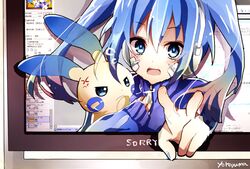  anger_vein angry bad_id bad_pixiv_id blue_eyes blue_hair crossover ene_(kagerou_project) female headphones jacket kagerou_project long_hair minun monitor pointing pokemon pokemon_(creature) track_jacket twintails yokoyama 