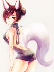  ahri_(league_of_legends) alternate_hairstyle animal_ears backless_dress backless_outfit bare_shoulders black_hair breasts commentary_request dress facial_mark female fox_ears fox_tail halterneck large_breasts league_of_legends long_hair looking_at_viewer looking_to_the_side meme_attire mizoreame solo sweater sweater_dress tail virgin_killer_sweater whisker_markings yellow_eyes 