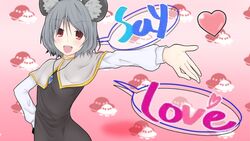  animal_ears commentary_request dancing ebi_senbei female flying_saucer grey_hair hand_on_own_hip heart jewelry lyrics maru-toku_series mouse_ears nazrin open_mouth outstretched_arm pendant red_eyes short_hair solo spacecraft teeth touhou ufo 