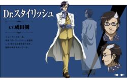  1boy akame_ga_kill! akame_ga_kill!_character_sheet black_hair blue_eyes character_sheet dr._stylish glasses gloves labcoat official_art simple_background smile solo stubble suit tie white_hair 