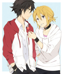  1boy bad_id bad_pixiv_id black_hair blonde_hair blouse blue_background blue_eyes candy choker female food fujisaki_yuusuke hands_in_pockets holding hood hoodie karuha lollipop onizuka_hime raglan_sleeves shirt short_hair sket_dance sleeves_pushed_up sweatdrop sweater wristband yellow_eyes 