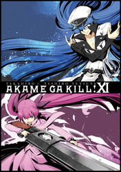  2girls akame_ga_kill! akame_ga_kill!_extra_covers belt blue_eyes blue_hair breasts cleavage cross dress esdeath gun huge_weapon long_hair military_uniform mine_(akame_ga_kill!) multiple_girls pink_eyes pink_hair ribbon smile tashiro_tetsuya twintails very_long_hair weapon 