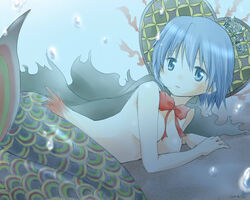  blue_hair breasts cape commentary_request cosplay crown female isora long_hair looking_at_viewer mahou_shoujo_madoka_magica mahou_shoujo_madoka_magica_(anime) medium_breasts mermaid miki_sayaka monster_girl monsterification oktavia_von_seckendorff oktavia_von_seckendorff_(cosplay) short_hair solo topless 