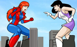  2girls black_hair bodysuit city crossover dc dc_comics dcau elasti-girl giant-girl giantess imminent_fight inspector97 lois_lane lois_lane_(dcau) marvel marvel_comics mary_jane_watson red_hair spider-man_(series) superheroine superman:_the_animated_series superman_(series) tagme tight_clothing 