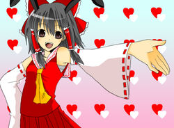  animal_ears ascot bad_id bad_pixiv_id black_hair bow dancing detached_sleeves female hair_ribbon hair_tubes hairbow hakurei_reimu hand_on_own_hip heart iko_(crycrycry) maru-toku_series open_mouth outstretched_arm photoshop_(medium) rabbit_ears red_bow ribbon sarashi solo teeth touhou 