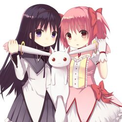  2girls :3 akemi_homura akemi_homura_(magical_girl) animal_ears black_hair bow choker commentary_request gloves grabbing_another&#039;s_ear hairband hairbow hand_on_another&#039;s_ear jewelry kaname_madoka kaname_madoka_(magical_girl) kyuubee long_hair long_sleeves looking_at_viewer magical_girl mahou_shoujo_madoka_magica mahou_shoujo_madoka_magica_(anime) multiple_girls nekomo pendant pink_eyes pink_hair pink_skirt puffy_sleeves purple_eyes red_eyes shirt short_sleeves simple_background skirt smile twintails white_background white_gloves 