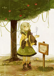  apple chaba_(hortensia) commentary_request female food fruit fruit_tree grey_eyes hat komeiji_koishi photoshop_(medium) rain shirt sign skirt solo third_eye touhou tree unworn_hat unworn_headwear white_hair 