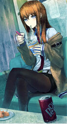  absurdres black_shorts can crossed_legs dr_pepper eating female food fork fura highres jacket long_hair makise_kurisu nissin_cup_noodle noodles pantyhose pantyhose_under_shorts photoshop_(medium) shorts sitting solo steins;gate 