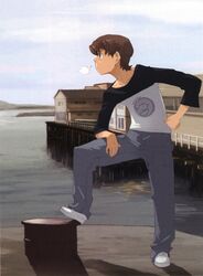  1boy annoyed bollard brown_eyes brown_hair enami_katsumi hand_on_own_hip highres male_focus michael_dietrich moire official_art scan scan_artifacts sigh sky solo standing vamp! water 