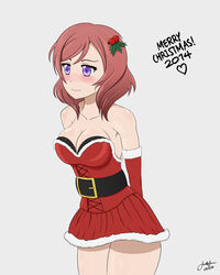  2014 arms_behind_back artist_request bangs bare_shoulders belt beltskirt blush breasts christmas cleavage cowboy_shot cross-laced_clothes dated dress elbow_gloves english female from_side fur_trim gloves grey_background hair_ornament heart highres holly looking_to_the_side love_live!_school_idol_project merry_christmas mistletoe nishikino_maki pink_hair pleated_dress purple_eyes red_dress red_gloves red_hair santa santa_costume short_dress short_hair shy signature simple_background skirt solo standing strapless strapless_dress swept_bangs thighhighs thighs violet_eyes wavy_mouth 