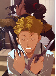  1boy absurdres baccano! blonde_hair brown_hair closed_eyes dark_skin enami_katsumi female highres maria_barcelito official_art photoshop_(medium) ponytail scan scissors short_hair smile tick_jefferson 