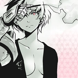  akame_ga_kill! female grey_hair mechanical_arm monochrome najenda official_art red_eyes smile smoking solo square_enix tashiro_tetsuya underboob 