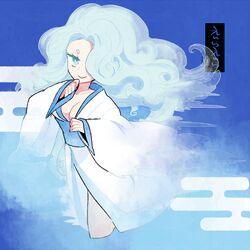  aqua_eyes aqua_hair blue_theme breasts character_name cleavage commentary_request egasumi en&#039;enra enraenra_(youkai_watch) female hair_over_one_eye japanese_clothes kimono l_hakase large_breasts long_hair looking_at_viewer smile solo traditional_youkai white_kimono youkai_(youkai_watch) youkai_watch youkai_watch_2 