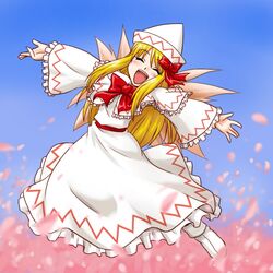  :d ^_^ blonde_hair bow capelet closed_eyes commentary_request dress fairy female hairbow happy hat lily_white long_hair open_mouth outstretched_arms sash smile solo spread_arms supon touhou wings 