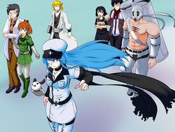  akame_ga_kill! anchor belt black_eyes black_hair blonde_hair blue_eyes blue_hair bols boots breasts canine cap cleavage closed_eyes cross cyborg dr._stylish drag009 esdeath feathers flamethrower food fringe gas_mask glasses hekatonkheires jacket kurome_(akame_ga_kill!) labcoat long_hair mechanical_arms military_uniform multiple_boys multiple_girls orange_eyes orange_hair ponytail robe run_(akame_ga_kill!) scar scarf school_uniform serafuku seryu_ubiquitous shirtless skirt smile stubble suit thighhighs tie very_long_hair wave_(akame_ga_kill!) weapon white_hair white_legwear 