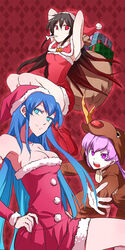  3girls akame akame_ga_kill! bag black_hair blue_eyes blue_hair breasts christmas cleavage eating esdeath long_hair mine_(akame_ga_kill!) multiple_girls official_art pink_eyes pink_hair presents red_eyes reindeer smile square_enix tashiro_tetsuya 