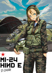  absurdres belt blonde_hair blue_eyes camouflage cigarette cloud clouds female gun hand_in_pocket hangar helicopter helmet highres load_bearing_vest mi-24 military military_uniform original pouch russian sky smoke smoking striped weapon zipper 