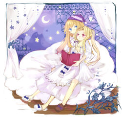  2girls amoretta_virgine bad_id bad_pixiv_id blonde_hair blue_eyes book commentary_request couple crescent_moon curtains flower grimgrimoire hug hug_from_behind lillet_blan long_hair moon multiple_girls night_clothes pink_eyes ponytail sitting slippers smile souka_(souspirit) star_(symbol) yuri 