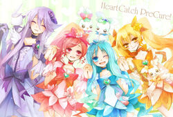  4girls ^_^ asturiki_jiwo bad_id bad_pixiv_id black_choker blonde_hair blue_choker blue_eyes blue_hair blue_skirt blush bow brooch choker chypre_(heartcatch_precure!) closed_eyes coffret_(heartcatch_precure!) cologne_(heartcatch_precure!) copyright_name cure_blossom cure_marine cure_moonlight cure_sunshine dress earrings elbow_gloves flower gloves group_picture hair_ornament hairpin hanasaki_tsubomi happy heart heart_brooch heartcatch_precure! high_ponytail holding_hands interlocked_fingers jewelry kurumi_erika long_hair magical_girl multiple_girls myoudouin_itsuki orange_bow orange_choker pink_bow pink_choker pink_eyes pink_hair ponytail potpourri_(heartcatch_precure!) precure purple_flower purple_hair purple_rose ribbon rose sidelocks single_elbow_glove single_glove skirt smile tsukikage_yuri twintails waist_bow wrist_cuffs yellow_bow yellow_eyes 