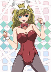  animal_ears blonde_hair blue_eyes blush breasts cleavage commentary_request fake_animal_ears female hairband large_breasts li@_(rikku04) long_hair looking_at_viewer miniskirt_pirates open_mouth pantyhose photoshop_(medium) playboy_bunny rabbit_ears sasha_staple solo 