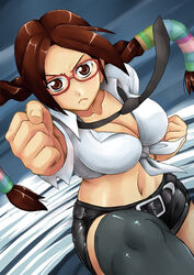  :&lt; bad_id bad_pixiv_id belt black_shorts black_thighhighs braid breasts brown_eyes brown_hair cleavage clenched_hands crop_top female fighting_stance glasses hair_ribbon julia_chang large_breasts naoyuki necktie punching red-framed_eyewear ribbon shirt short_shorts shorts solo tekken thighhighs tied_shirt twin_braids 