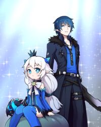  +_+ 1boy belt black_crown_(object) black_pants blue_background blue_eyes blue_hair blue_skirt blue_sleeves blue_theme blue_thighhighs bow brooch chinese_commentary choker ciel_(elsword) claws coat commentary_request crown dark_blue_hair demon_power_(elsword) detached_sleeves elsword expressionless female gloves jewelry long_hair low-tied_long_hair luciela_r._sourcream mini_crown pants ribbon shirt single_glove sitting skirt sparkle standing sword symbol-shaped_pupils thighhighs waero weapon white_hair zettai_ryouiki 