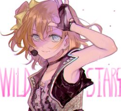  arm_up armpits blue_eyes choker commentary_request cropped_jacket female fingerless_gloves gj gloves headset kosaka_honoka looking_at_viewer love_live! love_live!_school_idol_project one_side_up orange_hair short_hair solo song_name upper_body wild_stars 