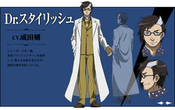  1boy akame_ga_kill! akame_ga_kill!_character_sheet black_hair blue_eyes character_sheet dr._stylish glasses labcoat official_art simple_background smile solo stubble suit tie white_hair 